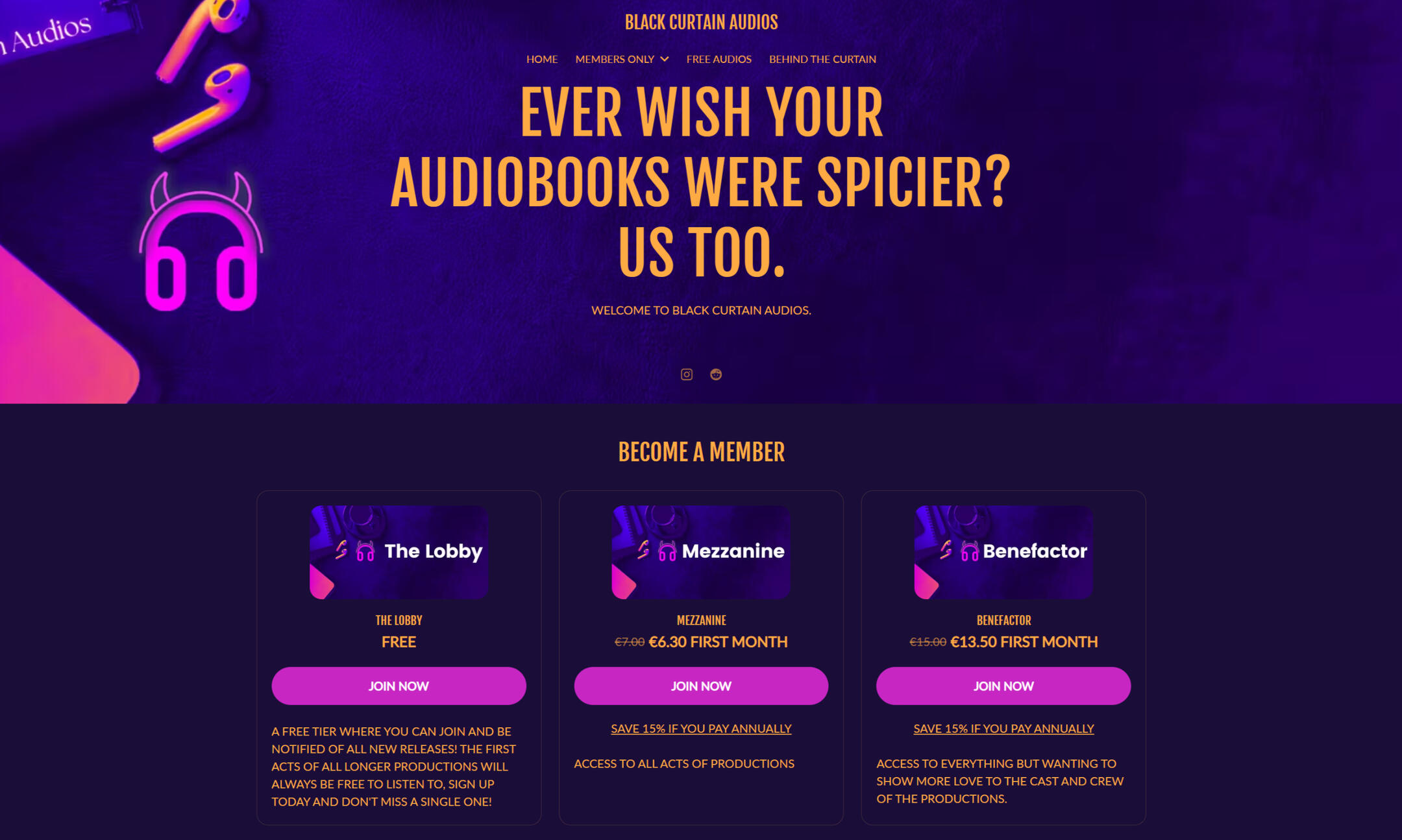 Screenshot: Homepage of BlackCurtainAudios.com
